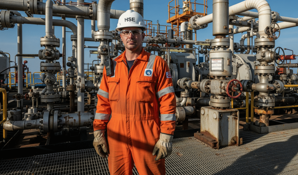 Seorang profesional HSE dengan sertifikasi K3 Migas sedang bekerja di anjungan lepas pantai (offshore rig).