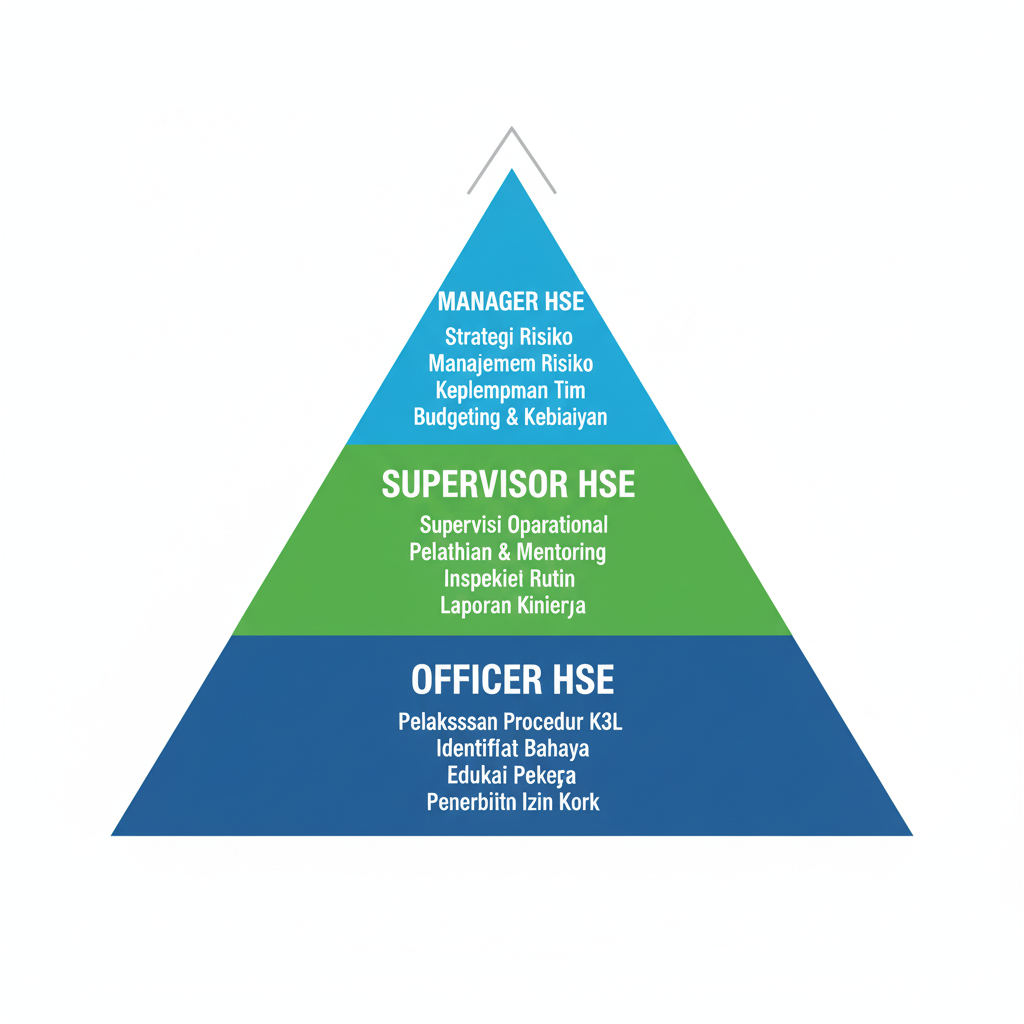 Infografis yang menjelaskan perbedaan HSE Officer, Supervisor, dan Manager.
