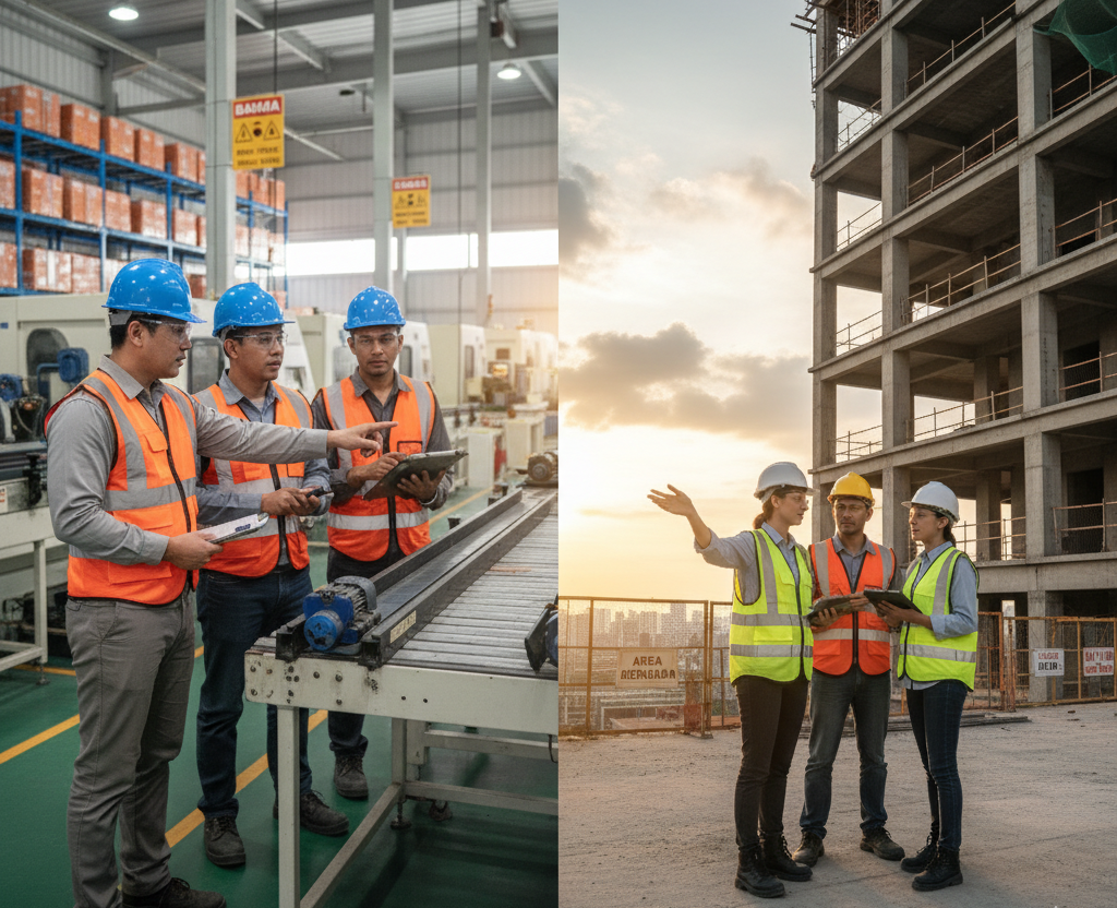 Infografis yang menjelaskan perbedaan Ahli K3 Umum dan Ahli K3 Konstruksi.