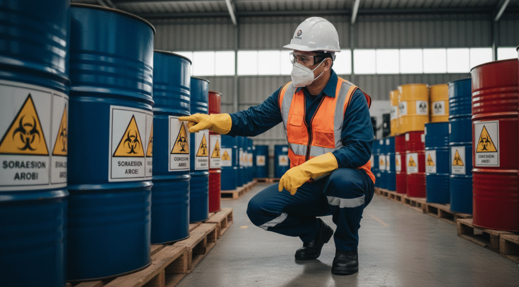 Seorang operator dengan sertifikasi OPLB3 sedang memeriksa drum limbah B3 di TPS